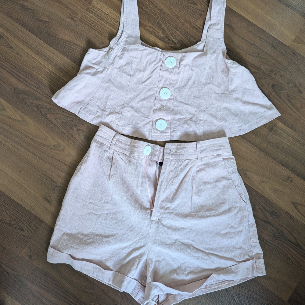 100% Cotton Light Pink Crop Top And High Waist Short Set